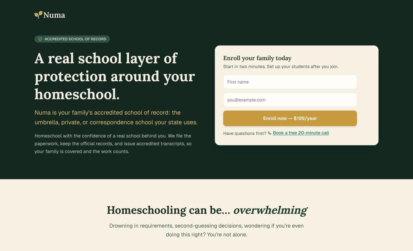 Numa enrollment page describing an accredited school of record around your homeschool for $199 per year