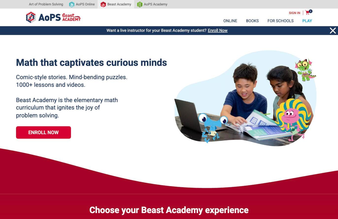 Beast Academy homepage describing comic-style advanced math curriculum for elementary school