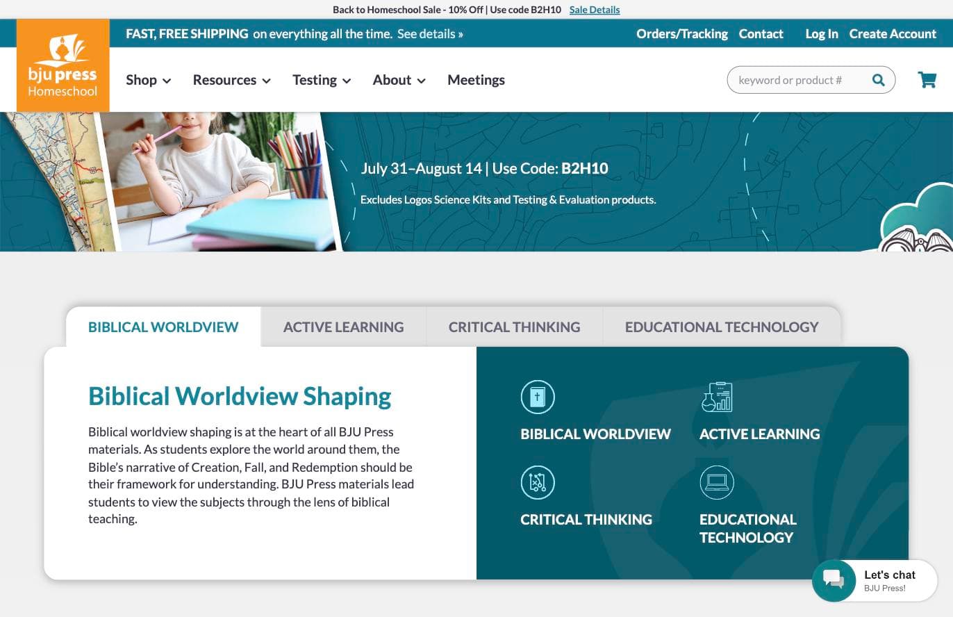 BJU Press Homeschool homepage highlighting biblical worldview and active learning