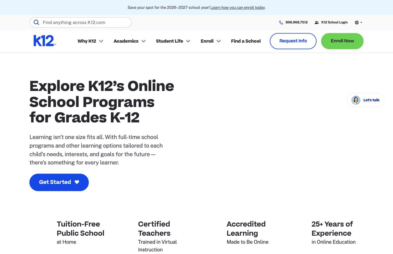 K12 homepage for tuition-free online public school programs with certified teachers