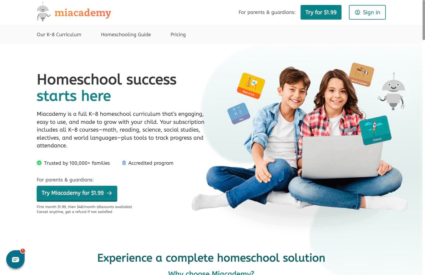 Miacademy homepage advertising a full K-8 homeschool curriculum with a $1.99 trial month