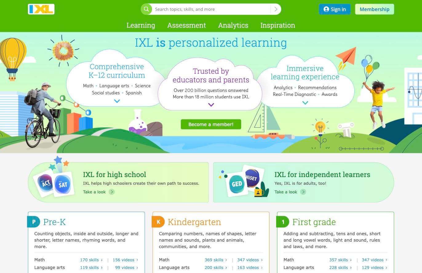 IXL homepage showing its comprehensive K-12 skill practice across math, language arts, science, and social studies