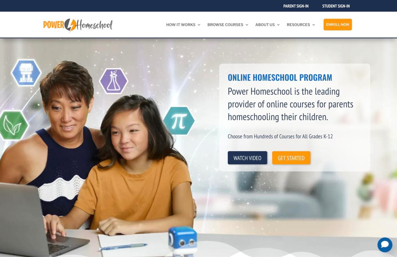 Power Homeschool homepage describing online courses for parents homeschooling their children