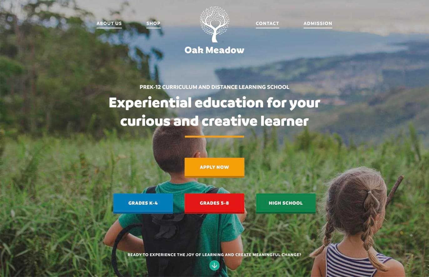 Oak Meadow homepage promoting experiential PreK-12 curriculum and distance learning school