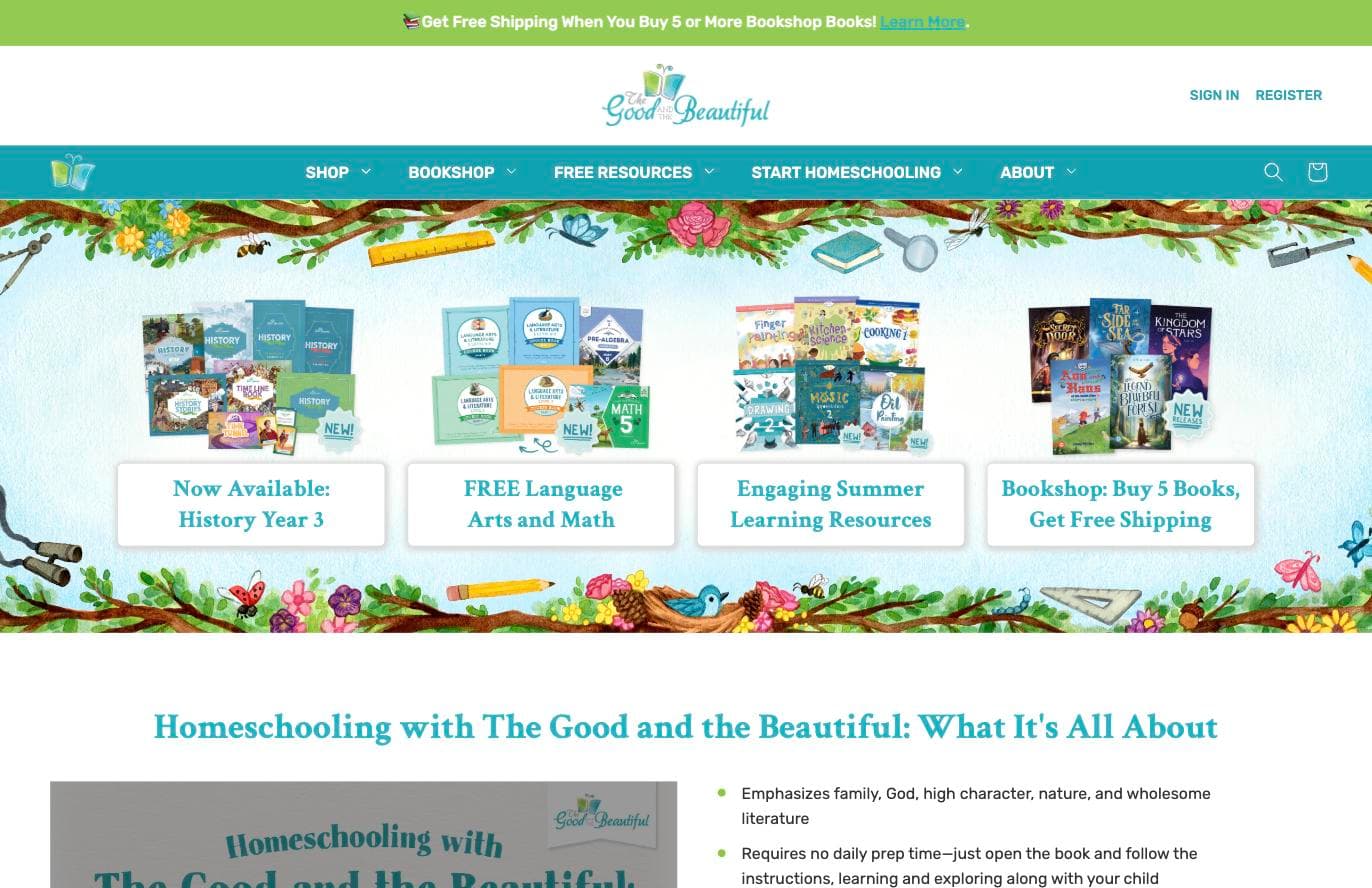 The Good and the Beautiful homepage featuring free language arts and math curriculum downloads