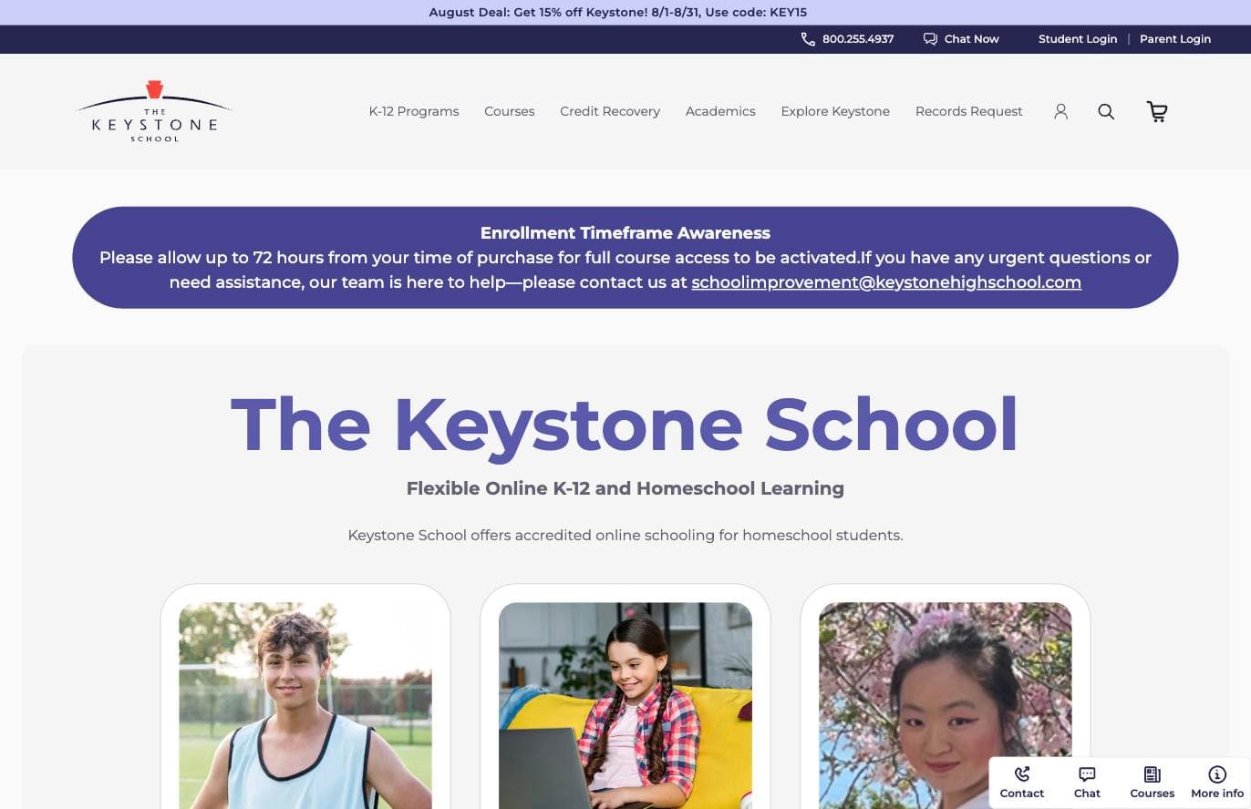 The Keystone School homepage for accredited PreK-12 online private school and homeschool learning