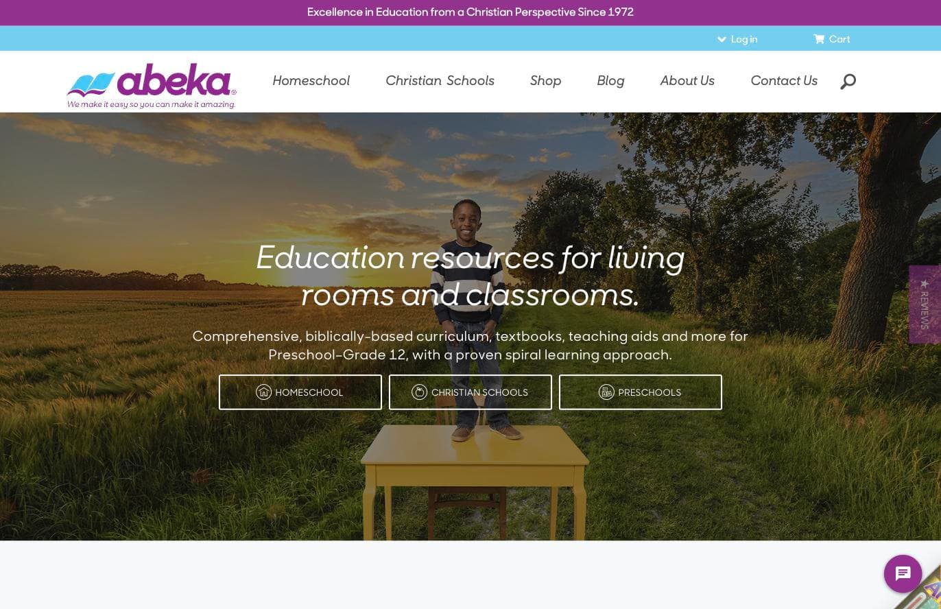 Abeka homepage describing biblically-based curriculum for preschool through grade 12