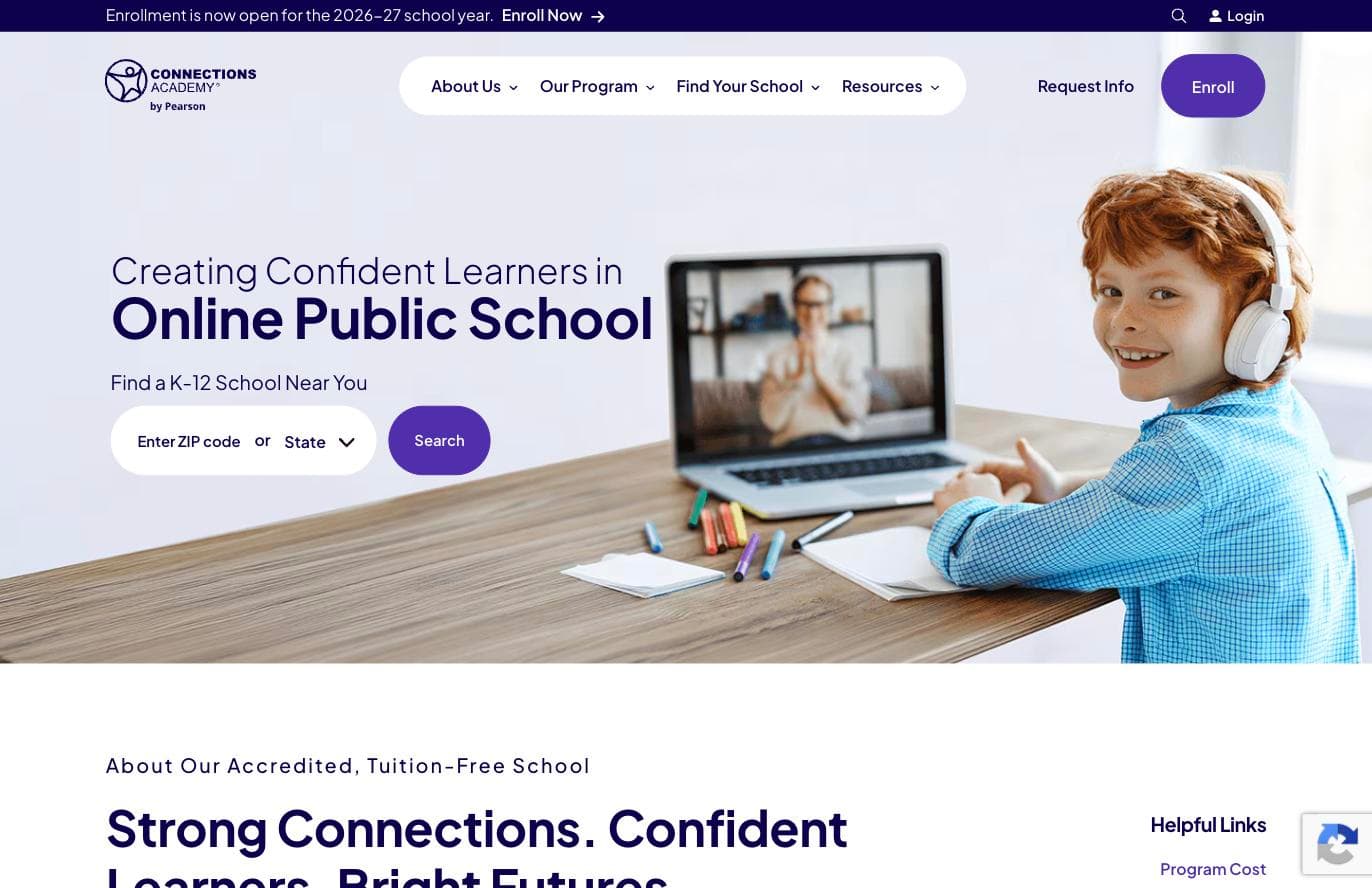 Connections Academy homepage for tuition-free K-12 online public school with live teachers