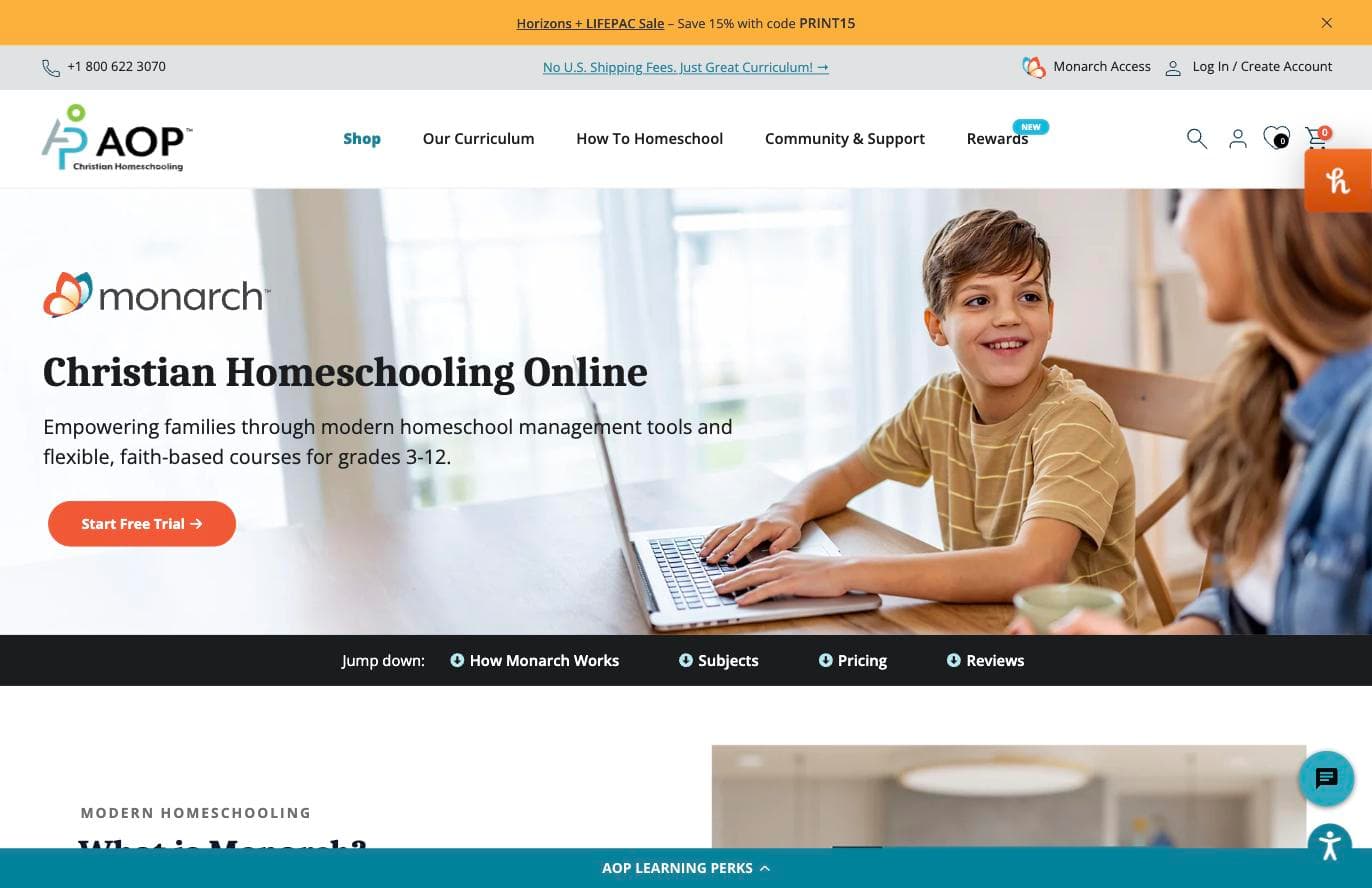 Monarch online curriculum page from Alpha Omega Publications with a free trial button