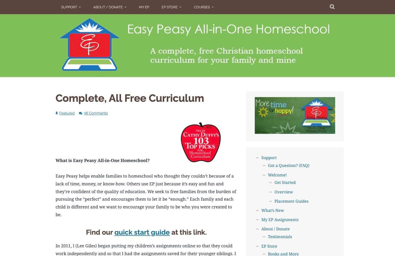 Easy Peasy All-in-One Homeschool homepage describing a complete free Christian homeschool curriculum