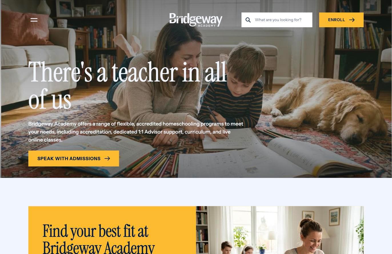 Bridgeway Academy homepage highlighting flexible accredited homeschooling programs with advisor support