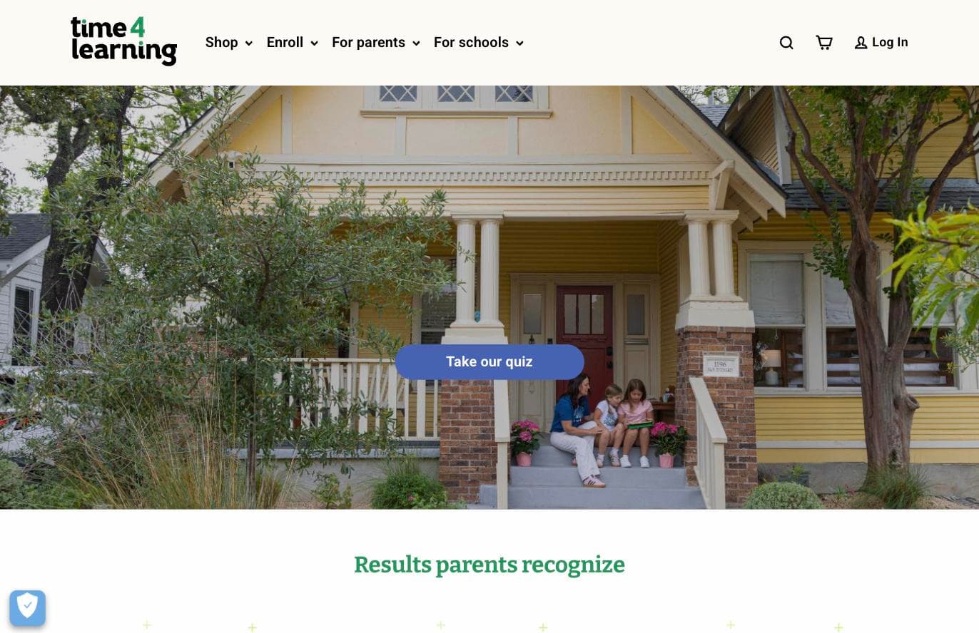 Time4Learning homepage with navigation for shopping, enrolling, and parent resources