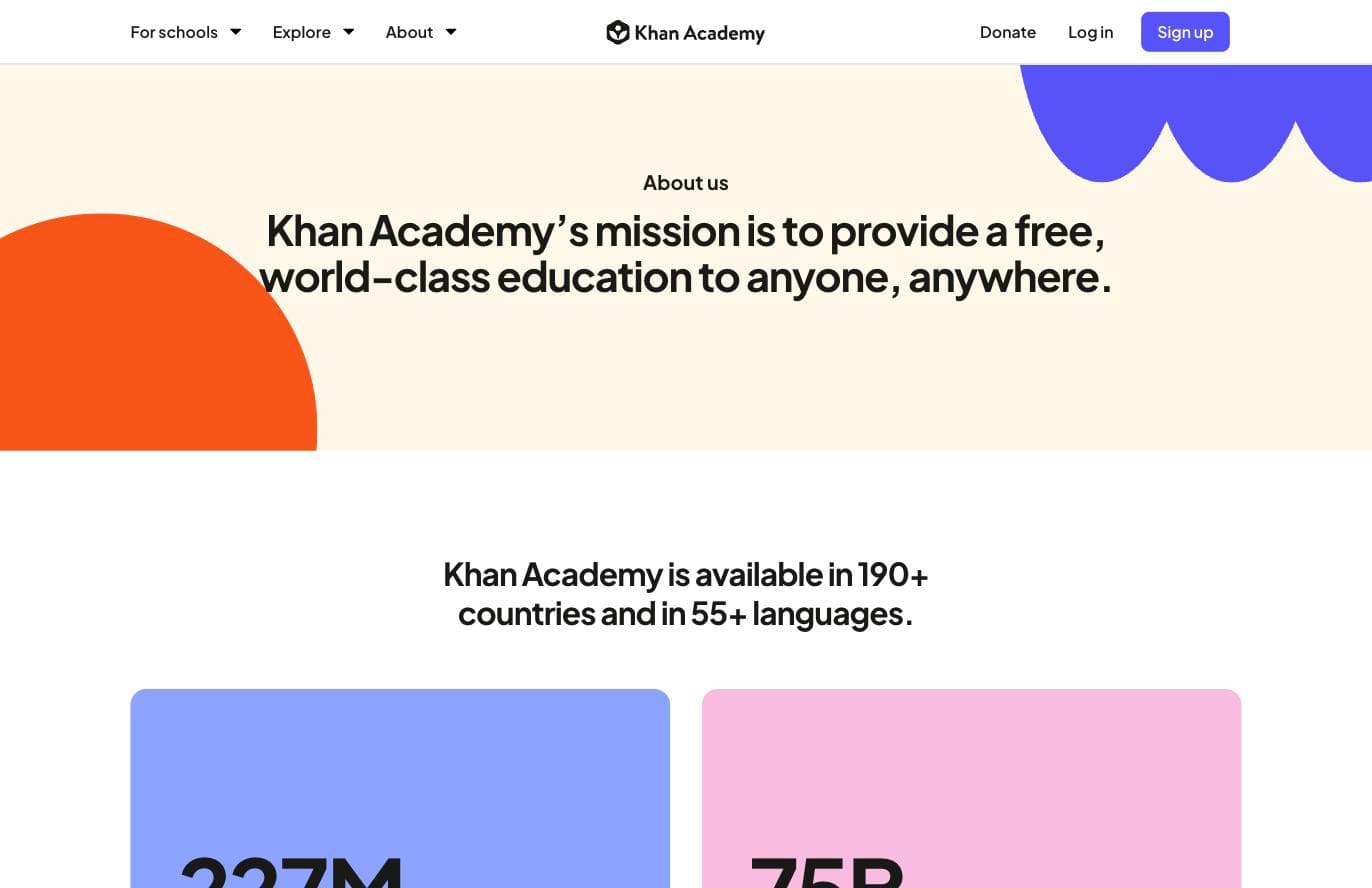 Khan Academy about page stating its mission to provide a free world-class education to anyone anywhere